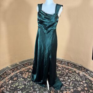 Birdy Grey Forest Green Satin Cowl Neck Bridesmaid Maxi Gown | Size XL | Button